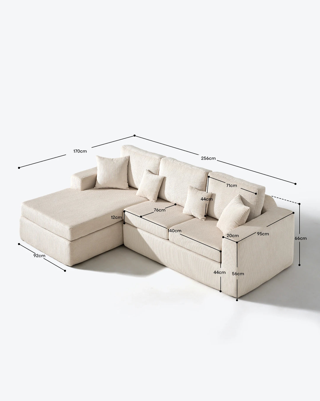 Dimensions of the Nodo Cream Corduroy Modular Corner Sofa