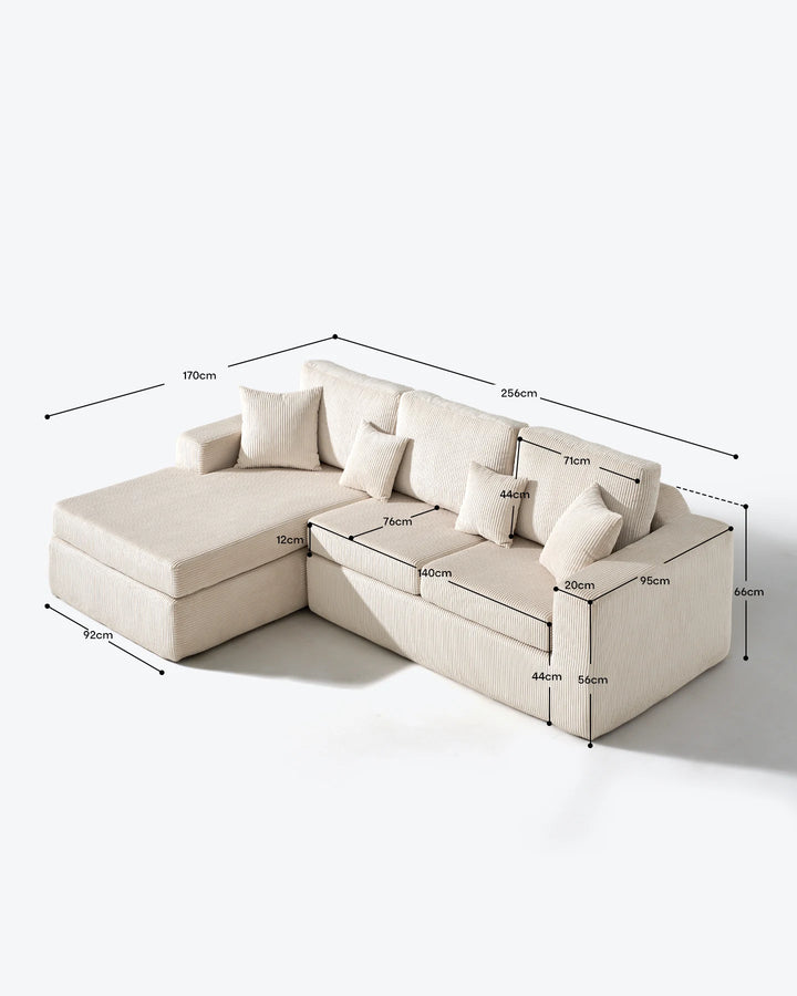 Dimensions of the Nodo Cream Corduroy Modular Corner Sofa