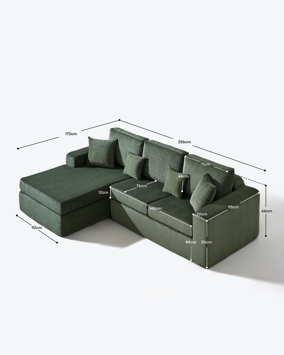 Dimensions of the Nodo Green Corduroy Modular Corner Sofa