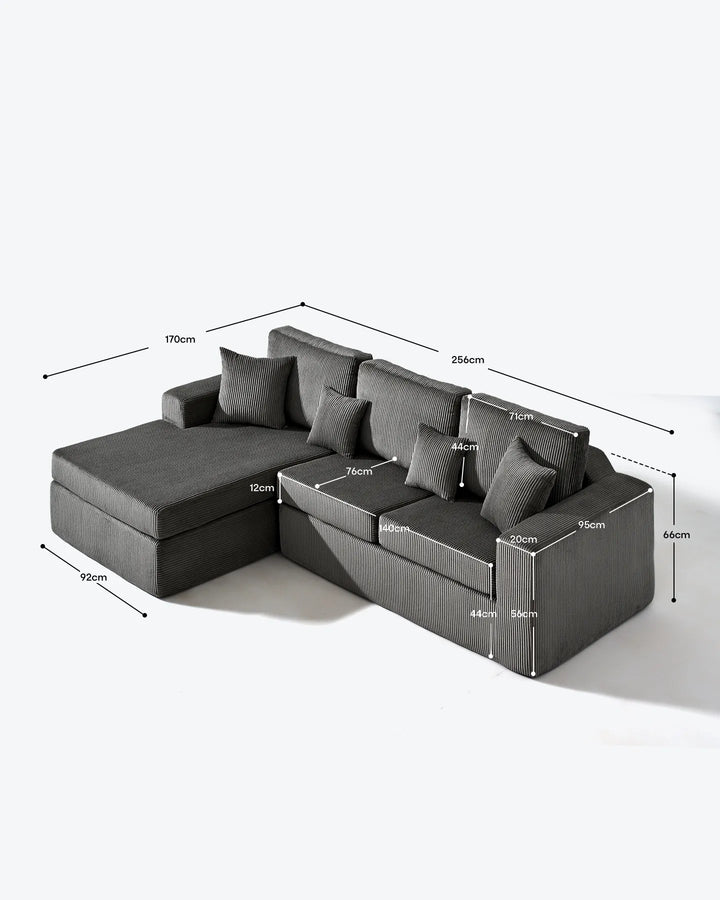 Dimensions of the Nodo Grey Corduroy Modular Corner Sofa