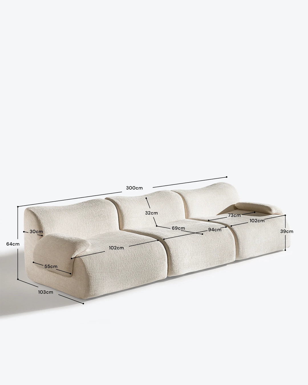Dimensions of the Nola 4-seater modular sofa in cream, ideal for flexible living room layouts.