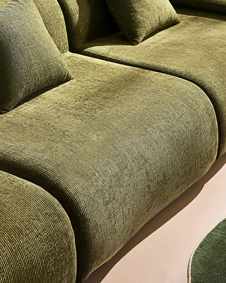 Close-up of the high-quality stitching and thick cushioning on the Nola modular seat section.