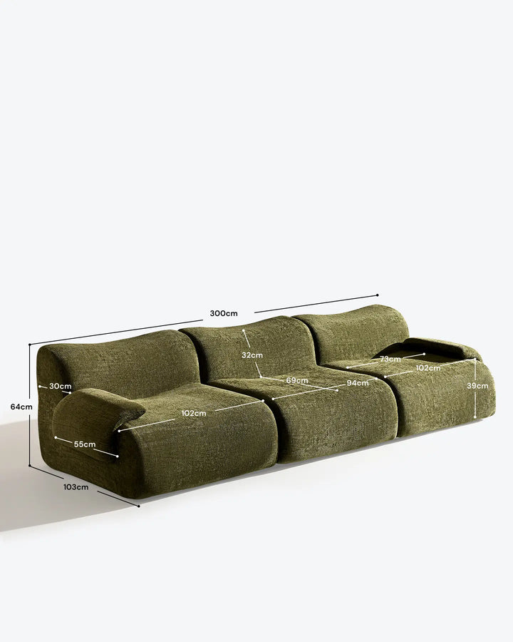 Dimensions of the Nola 4-seater modular sofa in olive green, ideal for flexible living room layouts.