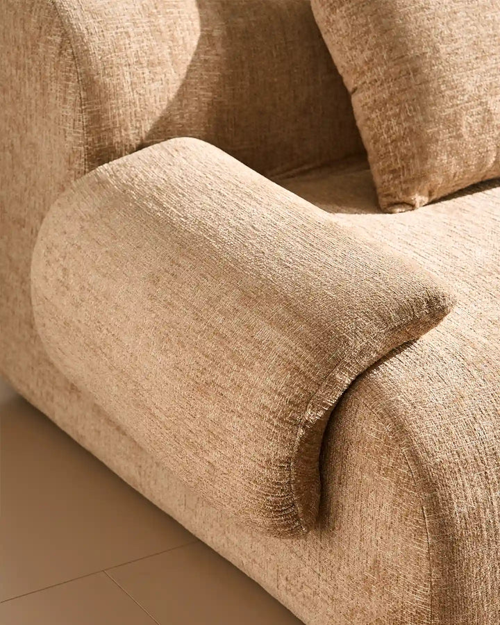 Luxury khaki chenille fabric texture of the Nola sofa, durable and soft-to-the-touch.