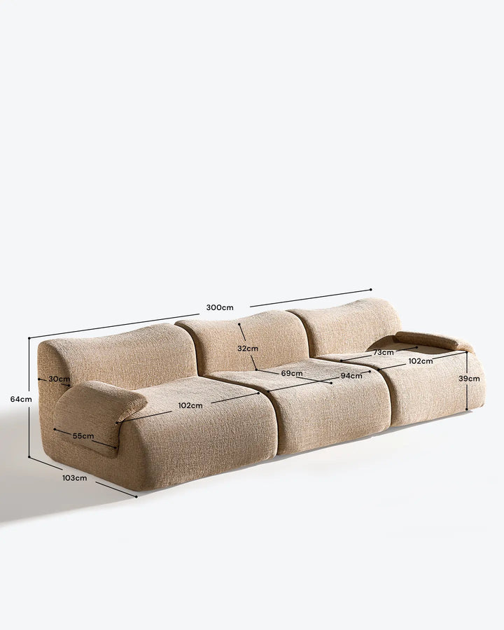 Dimensions of the Nola 4-seater modular sofa, ideal for flexible living room layouts.