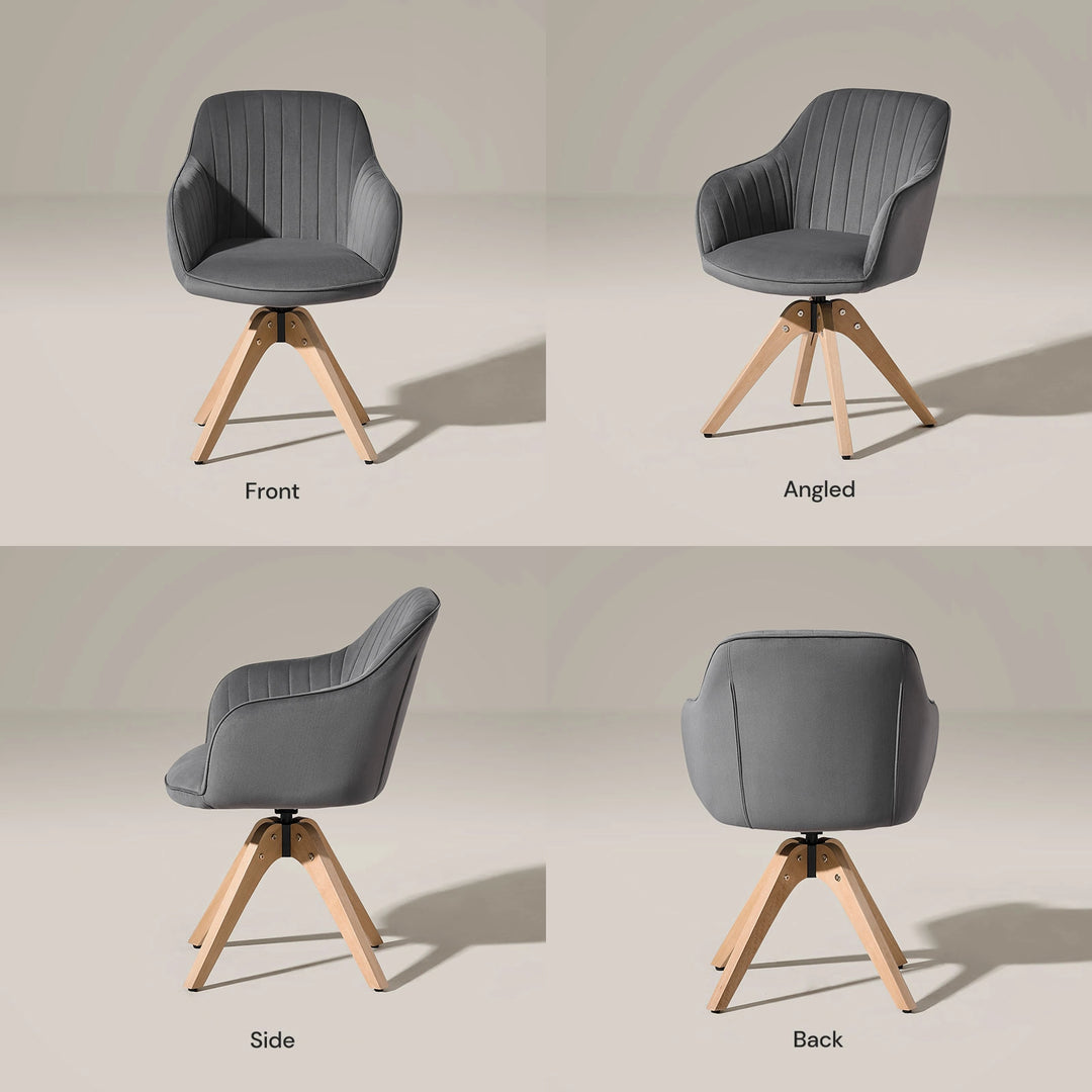 Front, side and rear views of the grey Oakley velvet swivel chair