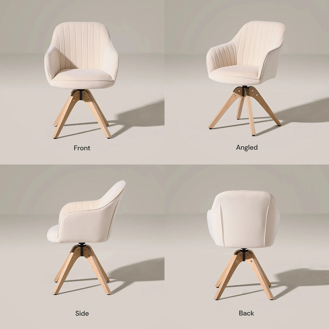 Front, side and rear views of the beige Oakley velvet swivel chair