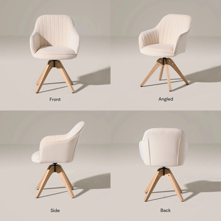 Front, side and rear views of the beige Oakley velvet swivel chair