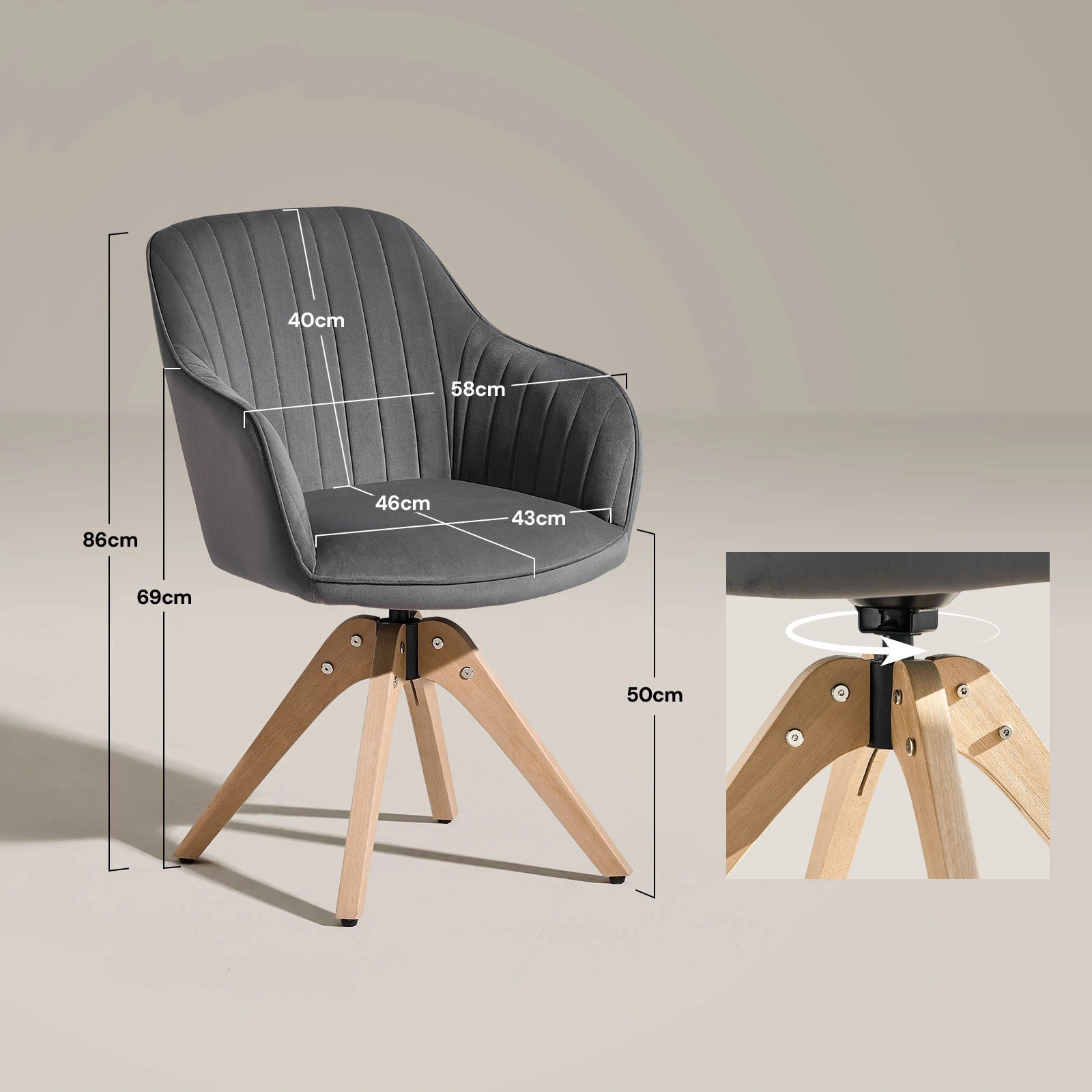 Dimensions and swivel base details of the grey Oakley velvet swivel chair