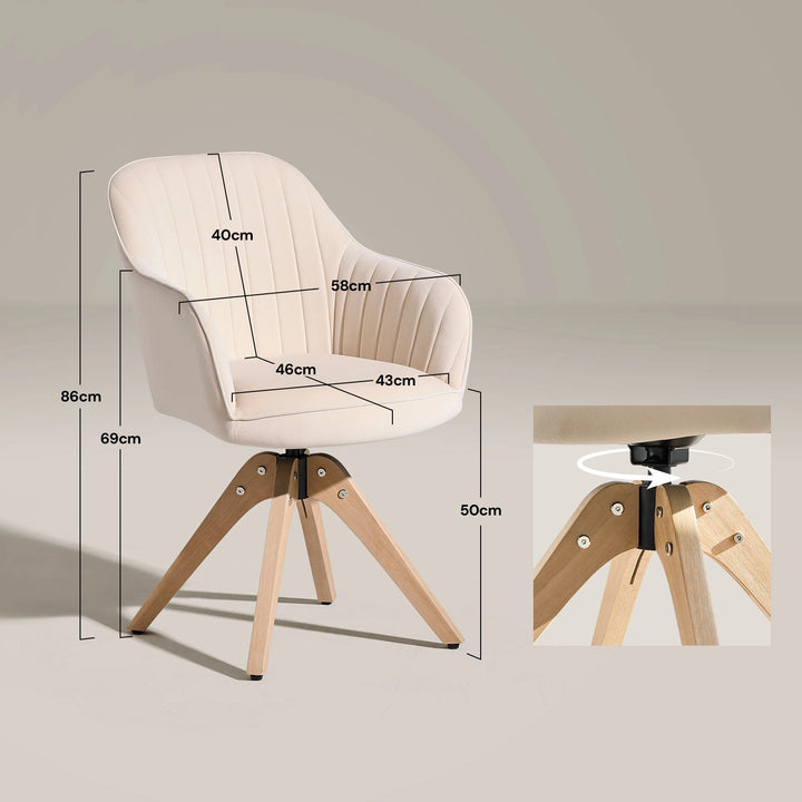 Dimensions and swivel base details of the beige Oakley velvet swivel chair