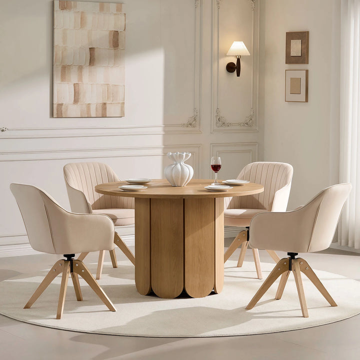 Set of four beige Oakley swivel dining chairs around a dining table, ideal for four to six people
