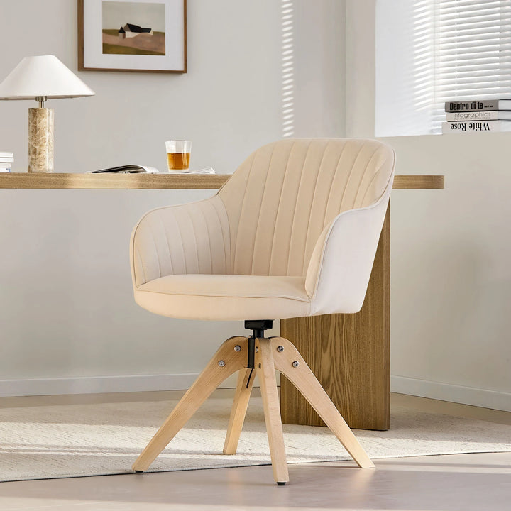 Beige Oakley swivel chair at a home office desk, showing the soft padded seat and supportive armrests