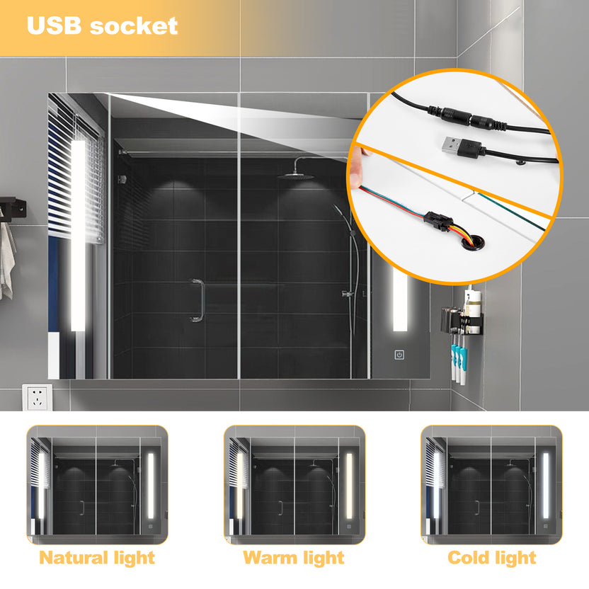 Clipop Bathroom Mirror Cabinet with Lights Wall Mounted 2 Doors Storage ...