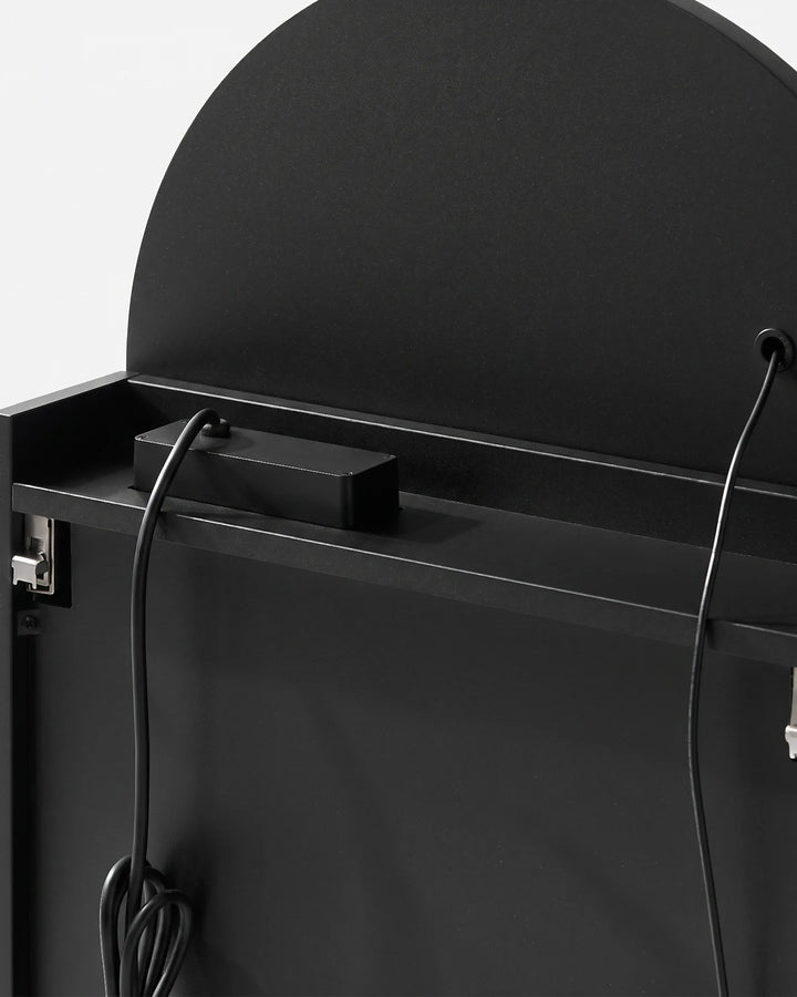 Back internal view of the black Arcadia arched mirror cabinet showing safety components and wiring.