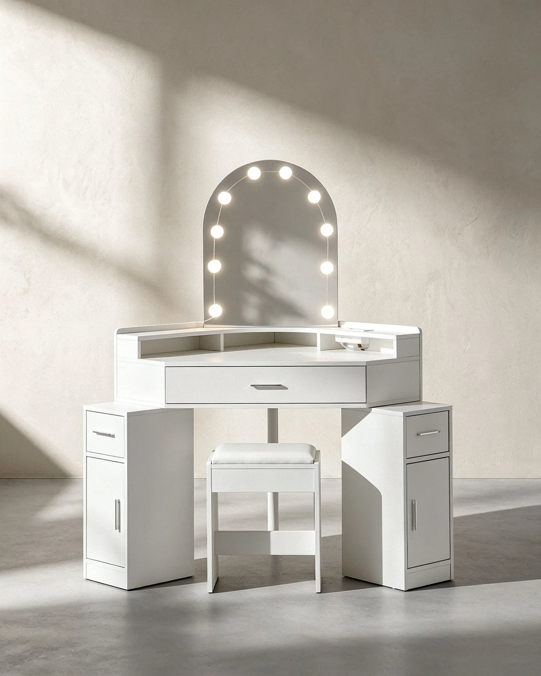 Front view of Rove corner dressing table with LED vanity mirror and storage drawers