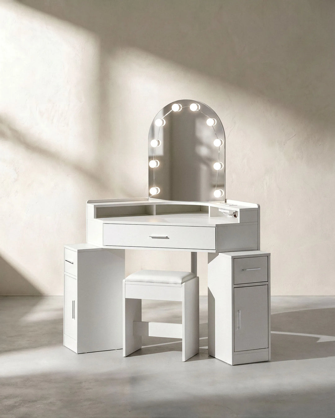 Side view of Rove corner dressing table showcasing compact corner-fitting design
