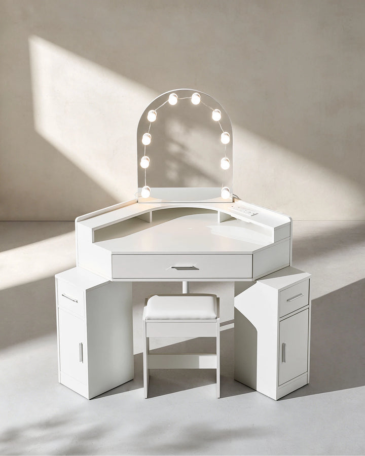 Top view of Rove corner dressing table with spacious tabletop and integrated mirror