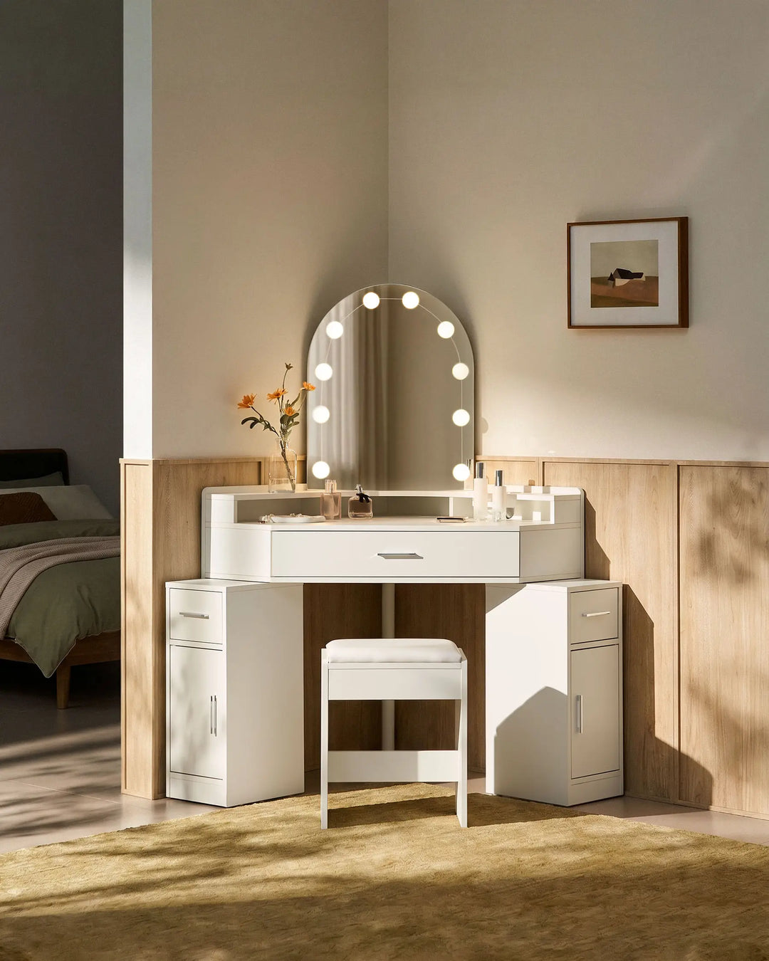 Rove corner dressing table with LED mirror lights in a bright modern bedroom