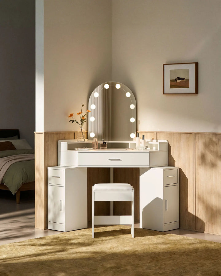 Rove corner dressing table with LED mirror lights in a bright modern bedroom
