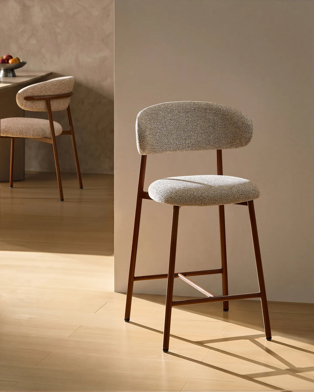Rowan Walnut Bar Stool in a modern family kitchen dining area, front view