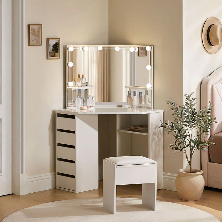 Roze white LED light corner dressing table with stool and storage placed in a bright bedroom corner during the day