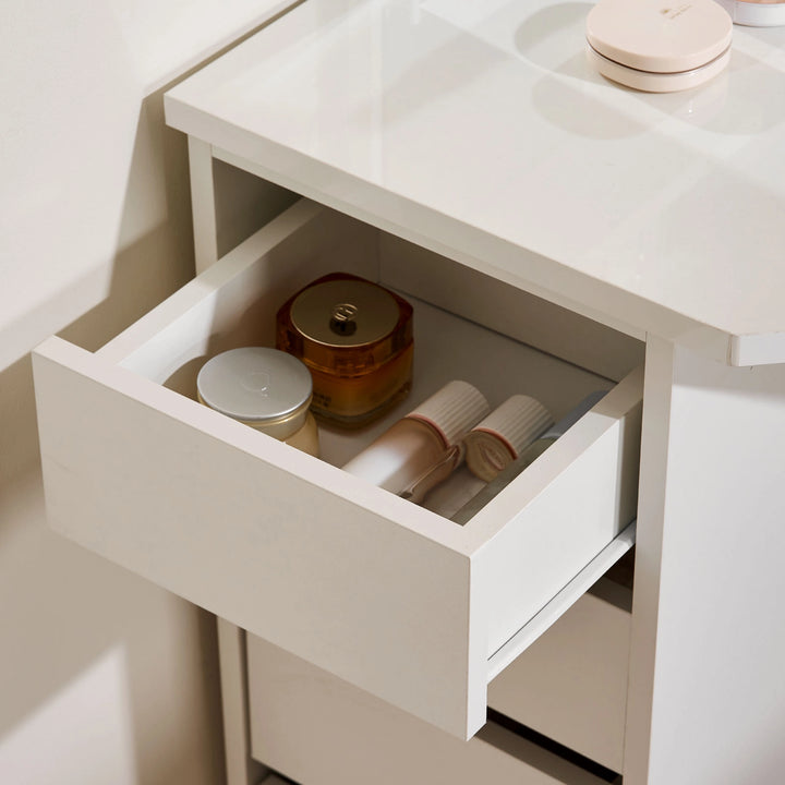 Roze white corner dressing table with smooth silent drawer runners for easy everyday use