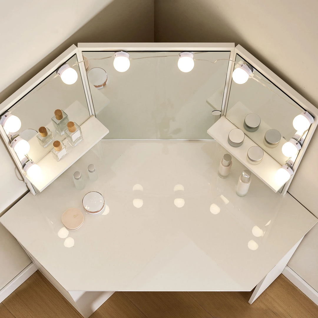 Top-down view of the Roze white LED corner dressing table showing spacious tabletop design