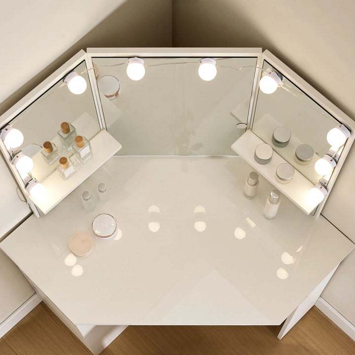 Top-down view of the Roze white LED corner dressing table showing spacious tabletop design