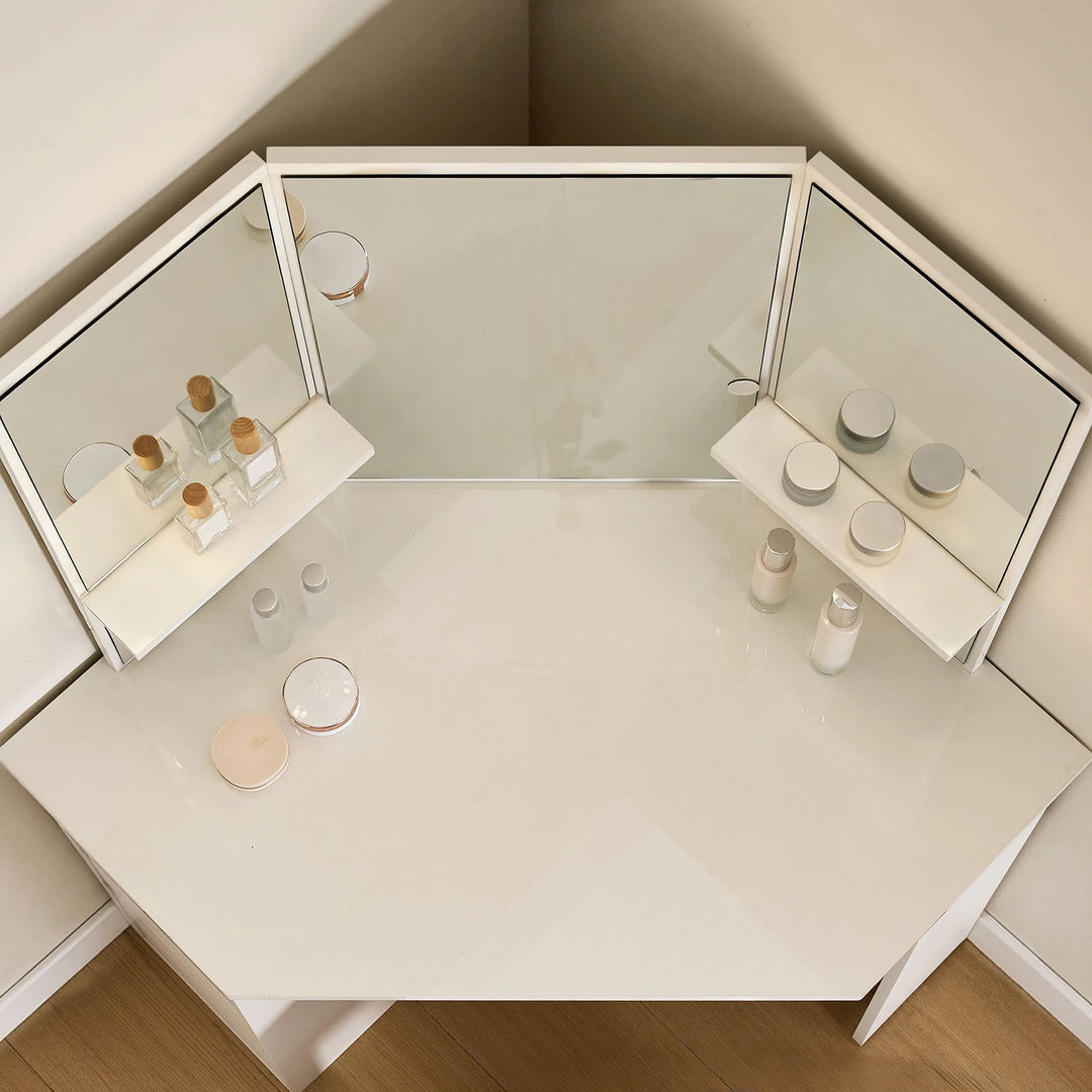 Top-down view of the Roze white corner dressing table showing spacious tabletop design