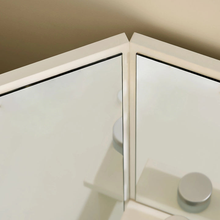 Top-down view of the Roze white corner dressing table showing mirror