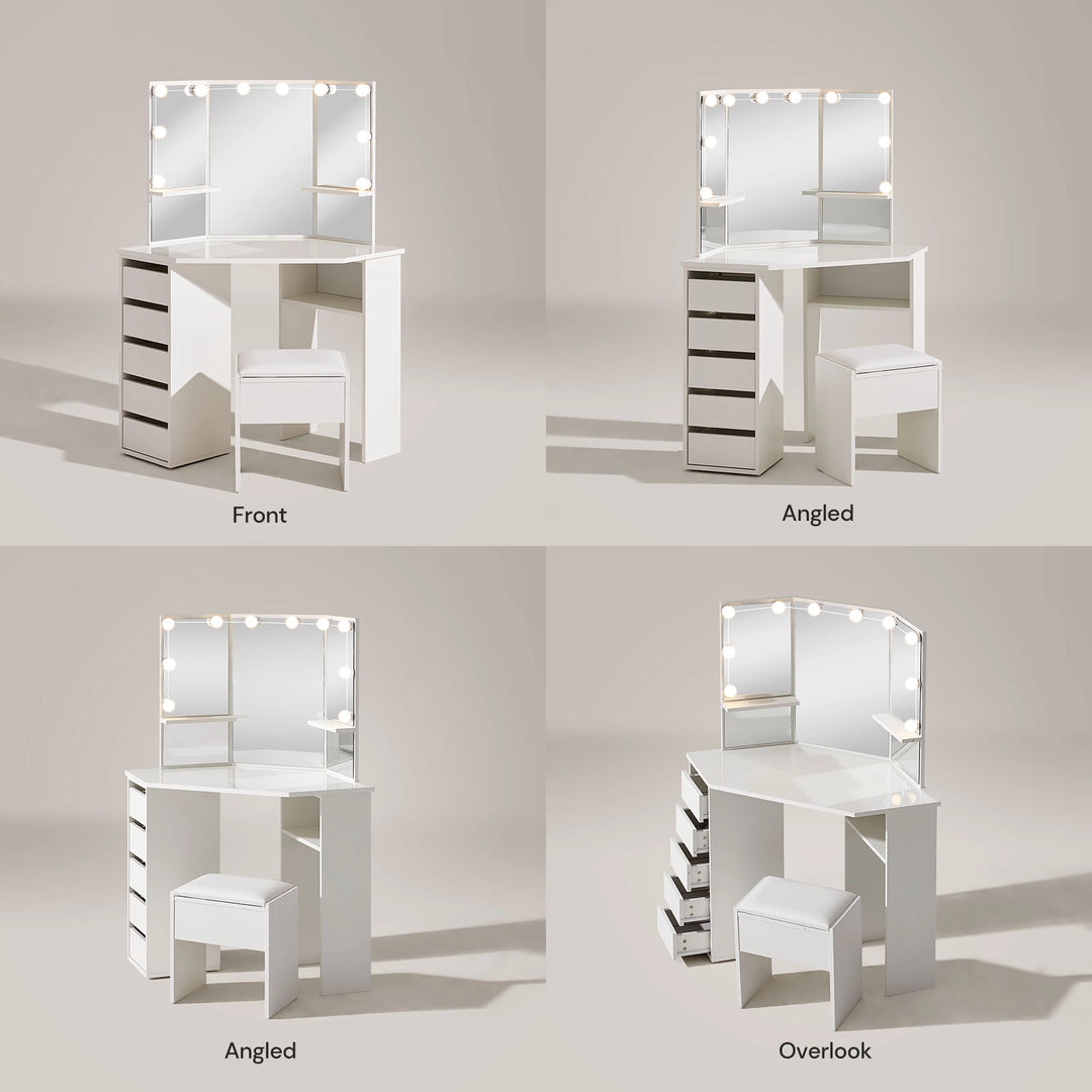 Front, side and top view of the Roze white LED light corner dressing table with stool and storage