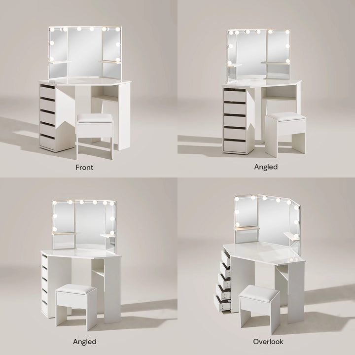 Front, side and top view of the Roze white LED light corner dressing table with stool and storage