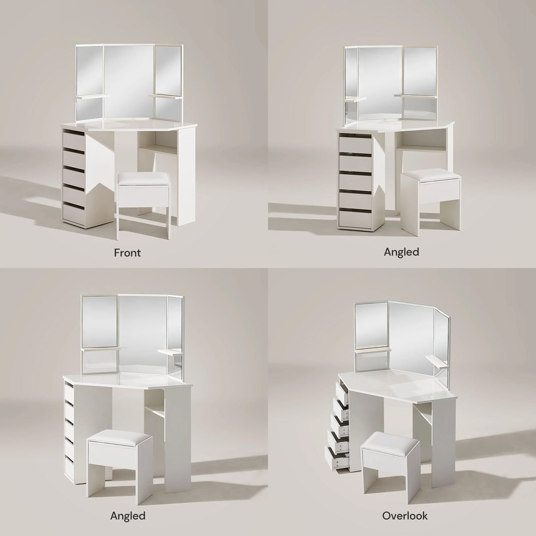 Front, side and top view of the Roze white corner dressing table with stool and storage