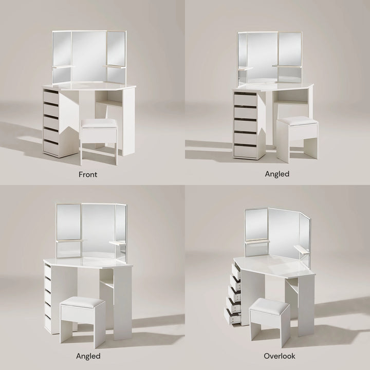 Front, side and top view of the Roze white corner dressing table with stool and storage