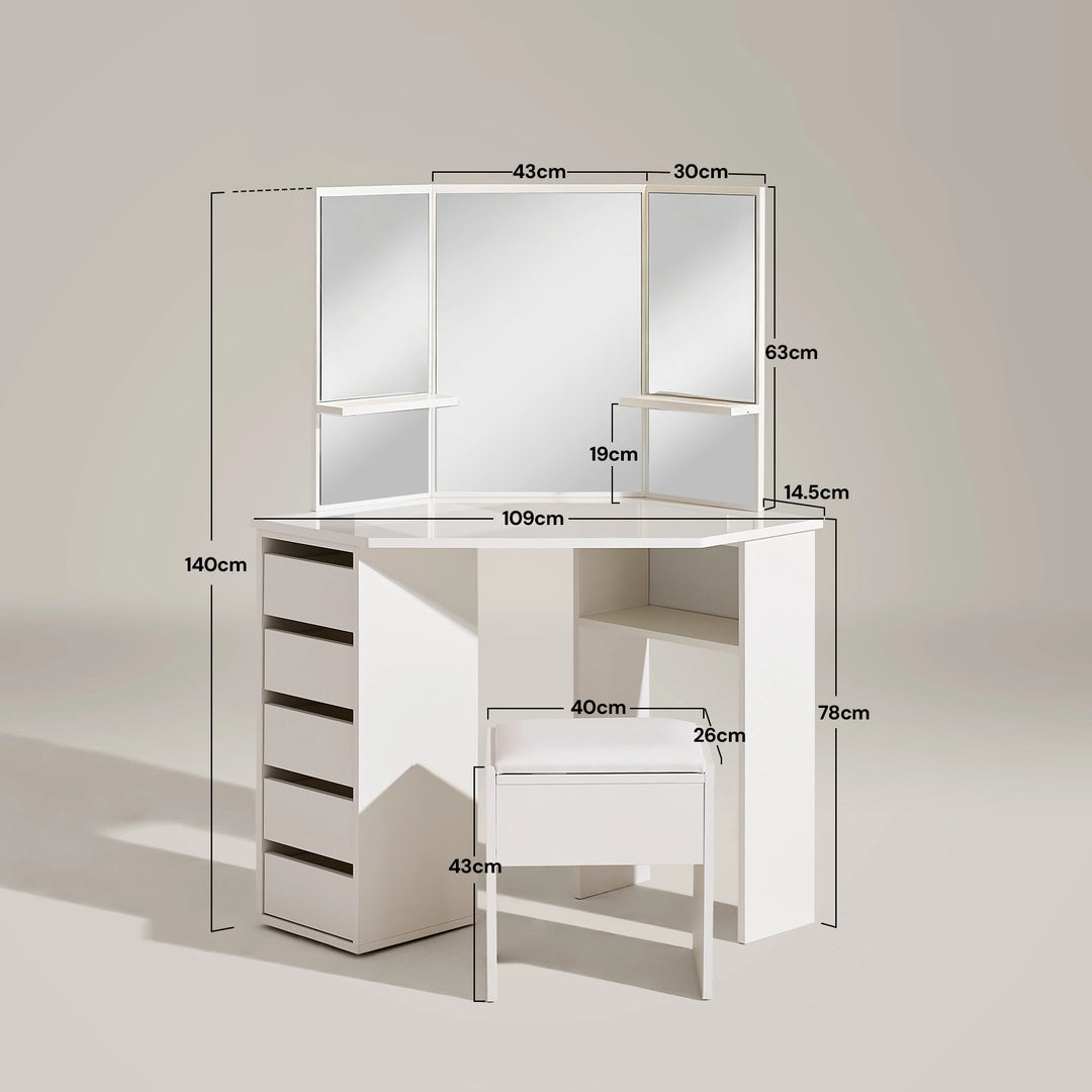 Dimensions of the Roze white corner dressing table with stool and built-in storage