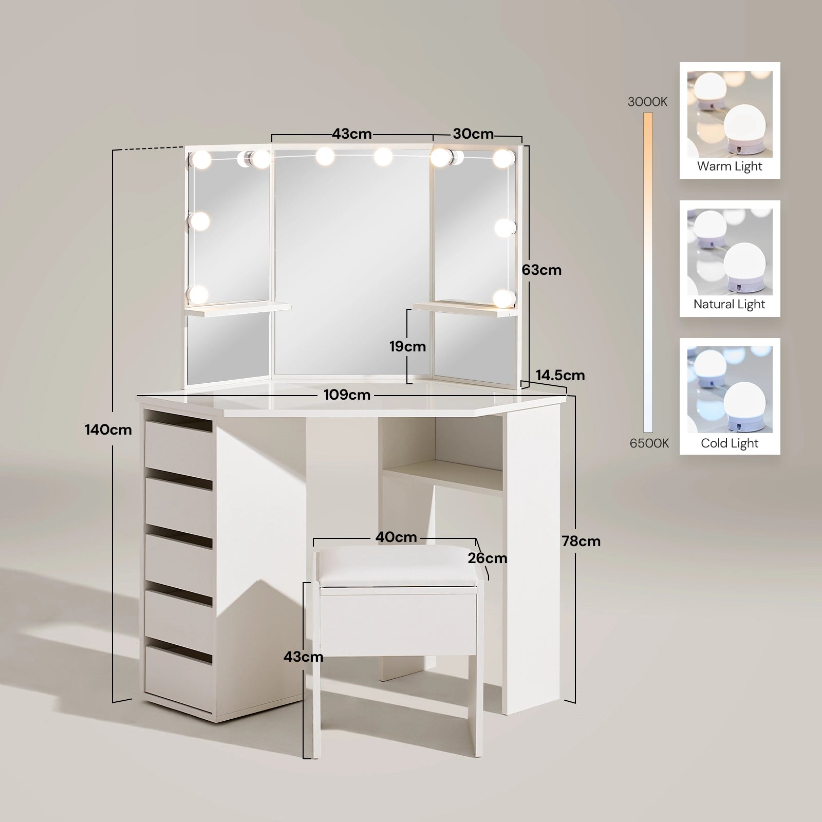 Dimensions of the Roze white LED corner dressing table with stool and built-in storage