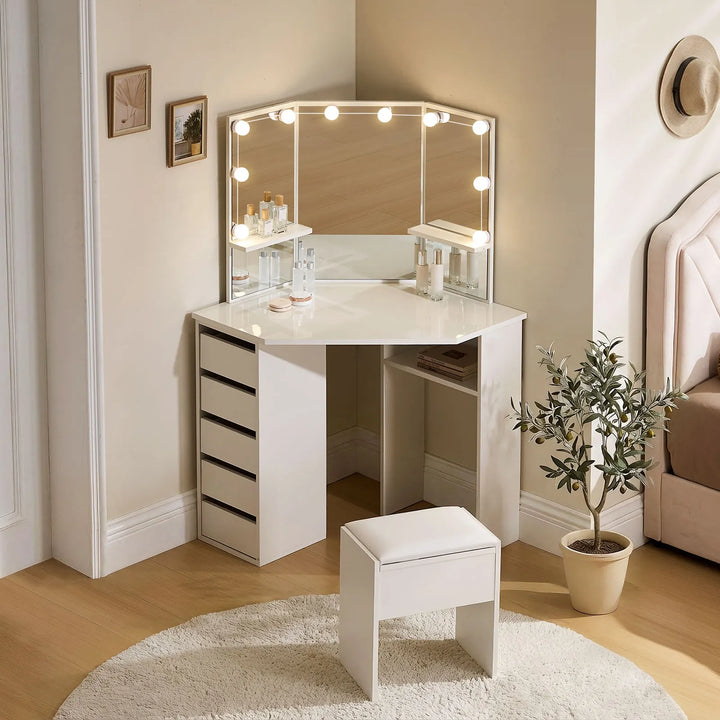 Roze white corner dressing table with LED mirror and stool styled in a modern bedroom corner