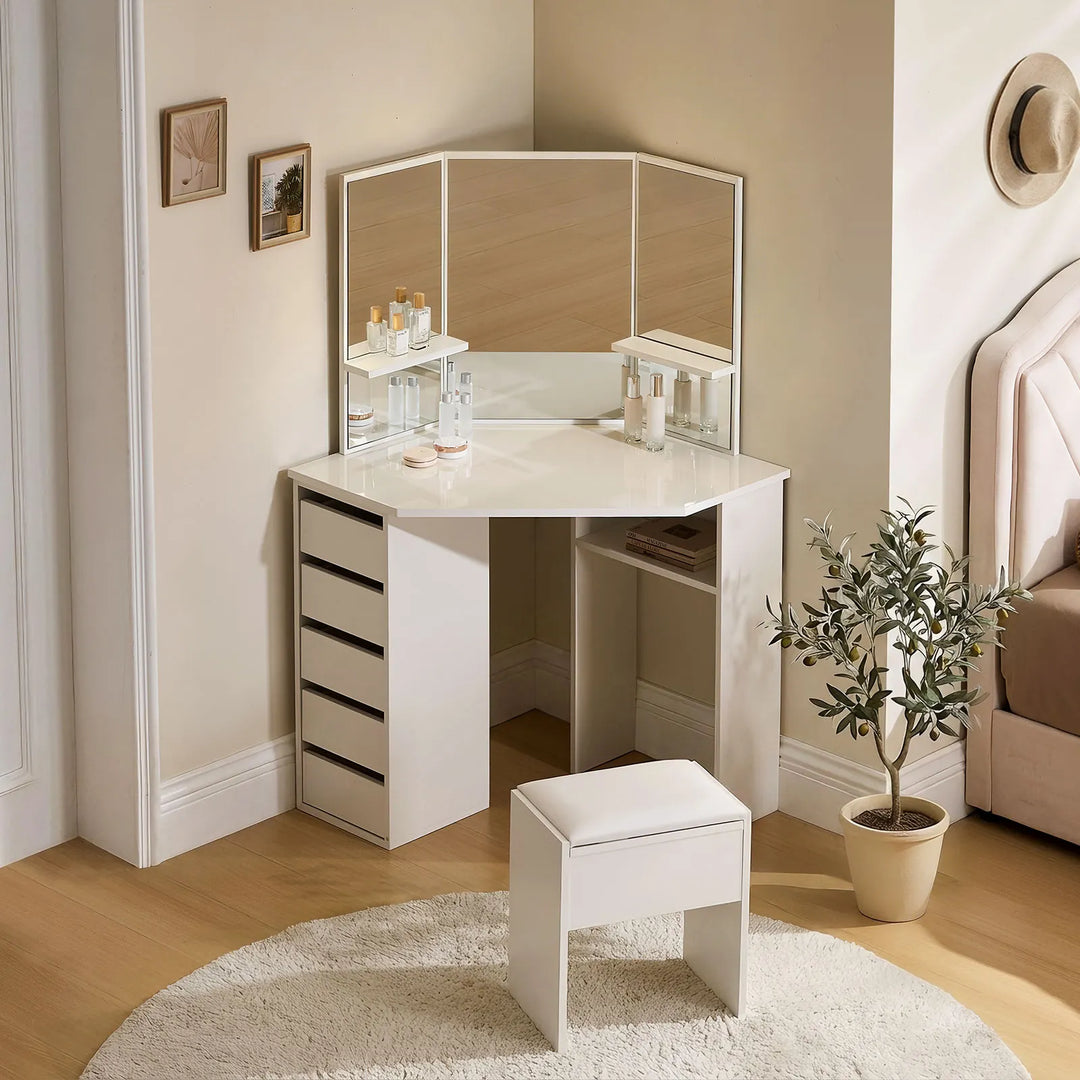 Roze white corner dressing table with stool styled in a modern bedroom corner