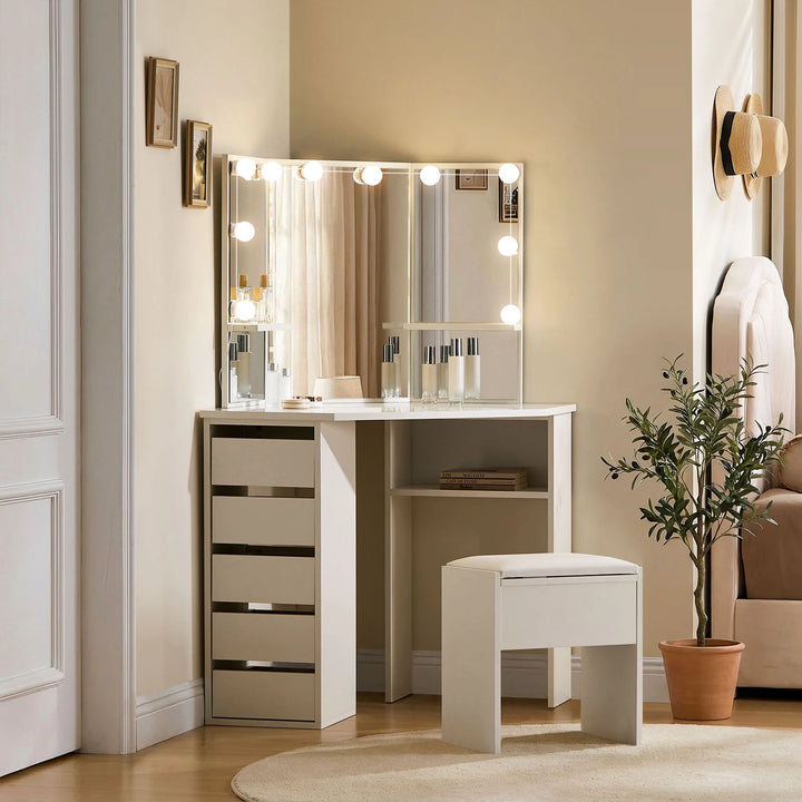 Roze white LED corner dressing table with storage positioned neatly in a bright bedroom corner