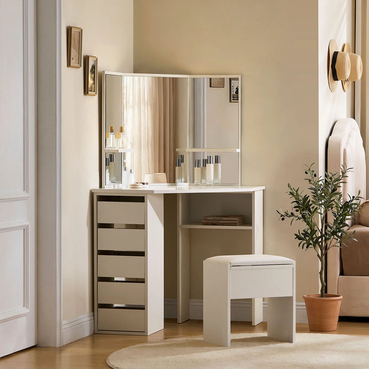 Roze white corner dressing table with storage positioned neatly in a bright bedroom corner