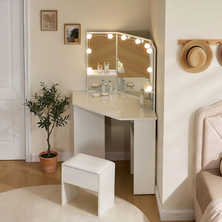 Roze white LED light corner dressing table with drawers and stool in a sunlit bedroom setting