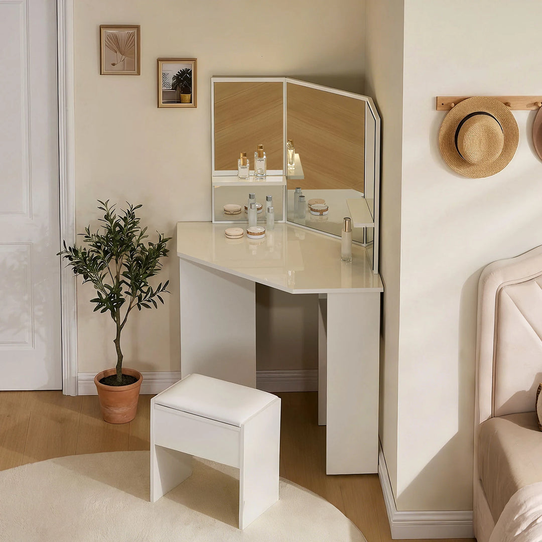 Roze white corner dressing table with drawers and stool in a sunlit bedroom setting