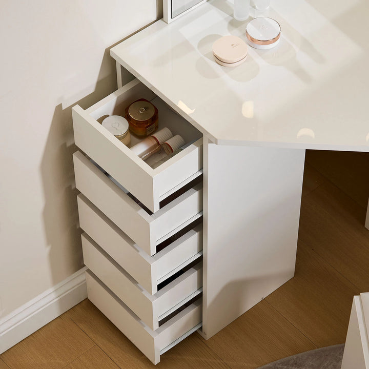 Top view of the Roze white corner dressing table with five drawers fully opened, offering ample storage space
