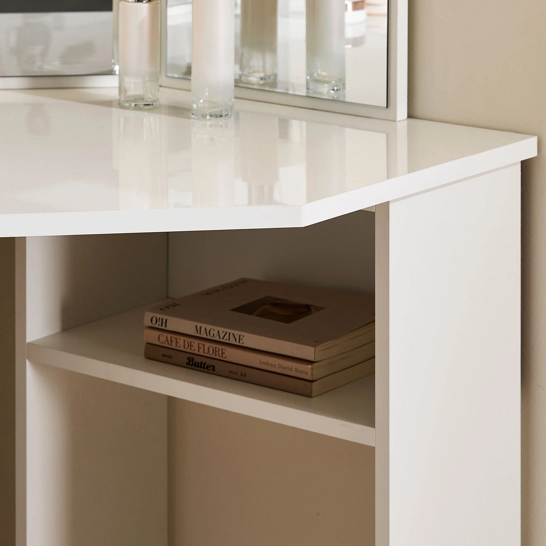 Roze white corner dressing table featuring open storage shelves for makeup and accessories