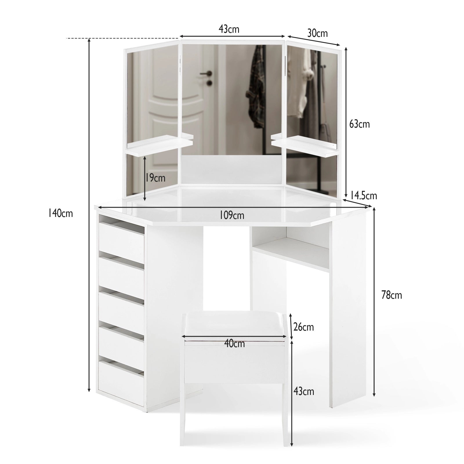 Roze Corner Dressing Table Dimensions