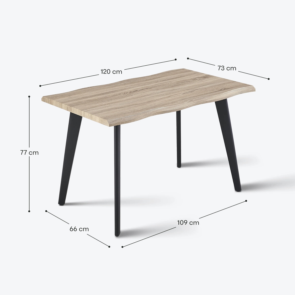 Seibold live edge dining table measurement diagram showing the tabletop dimensions and overall table height