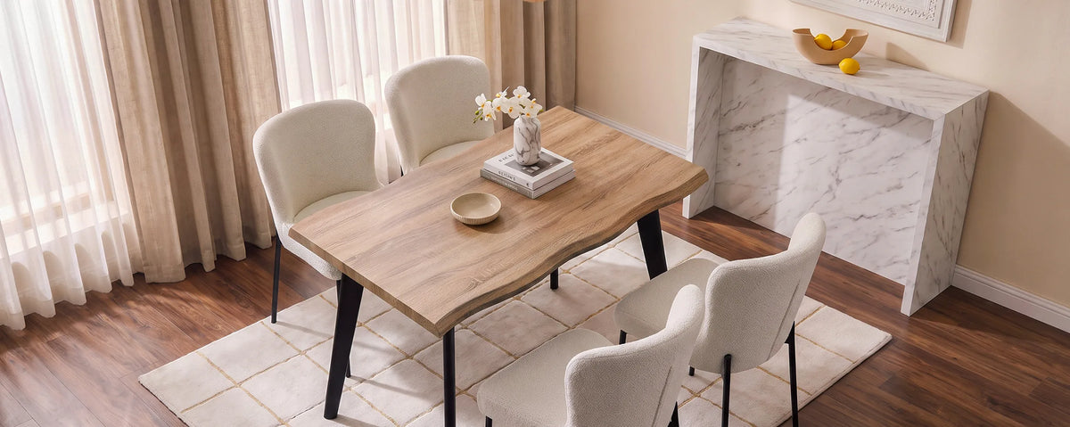 Seibold live edge dining table styled with cream dining chairs, tableware and neutral home accessories