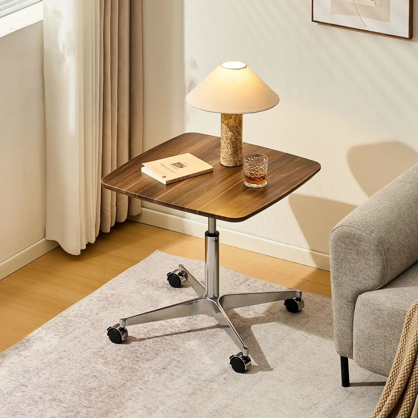 Square Cafe Table with Wheels, Adjustable Height, Wood Top & Metal Base ...