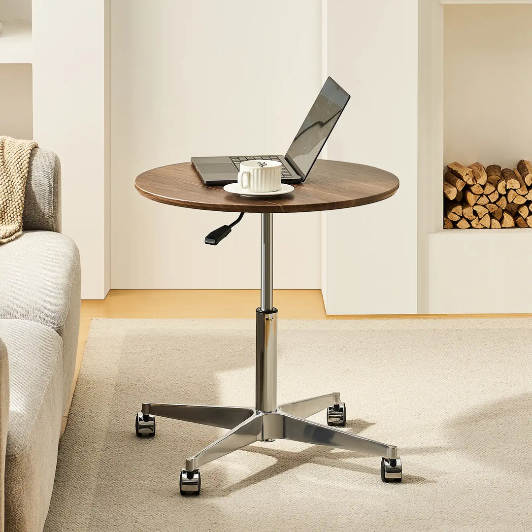Vesna Small Round Side Table with laptop and coffee, UK furniture work desk for home or casual tasks