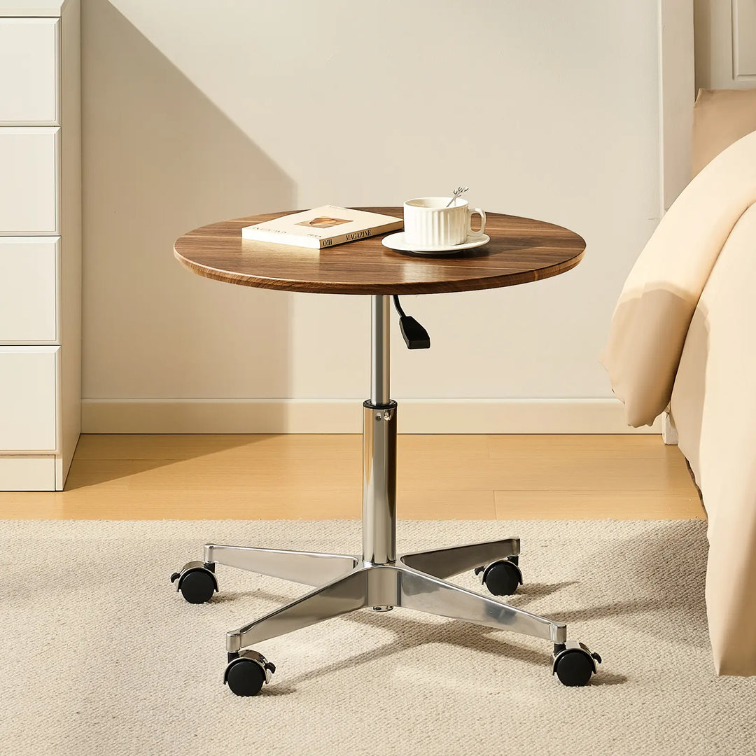 Vesna Small Round Side Table beside bed in modern bedroom, UK furniture standing desk for stylish compact spaces